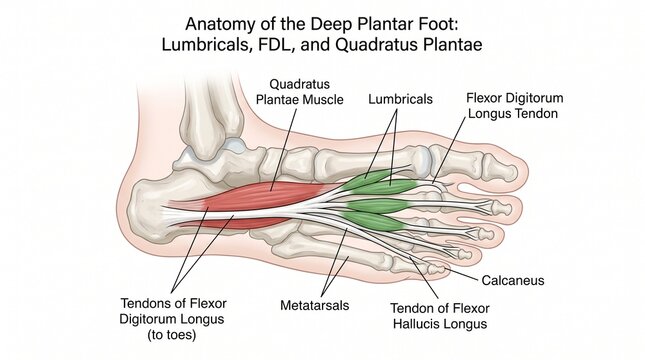 Anatomy diagram of deep plantar foot muscles and tendons with lumbricals