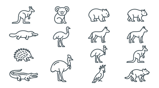 Australian Animals Icons Set: Kangaroo, Koala, Wombat, Dingo, Emu, Platypus, Cockatoo, Echidna
