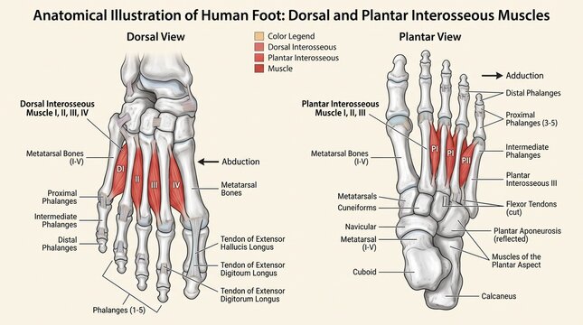 Anatomical illustration of human foot dorsal and plantar interosseous muscles