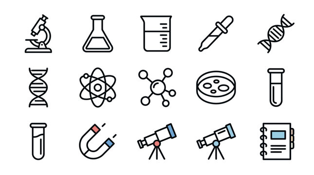 Science Icons Set: Microscope, DNA, Beaker, Pipette, Atom, Magnet, Telescope