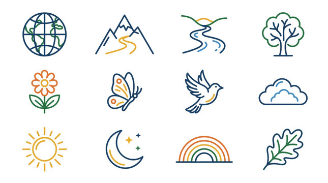 Nature Icons Set: Earth, Mountains, River, Tree, Flower, Butterfly, Bird, Cloud, Sun, Moon, Rainbow