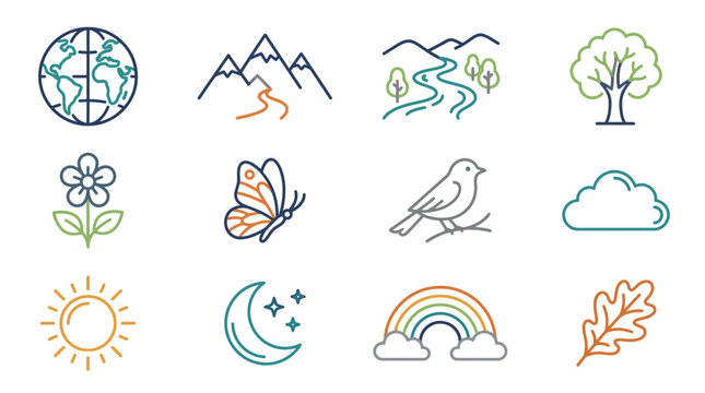 Nature Icons: Earth, Mountains, River, Tree, Flower, Butterfly, Bird, Cloud, Sun, Moon, Rainbow, Leaf