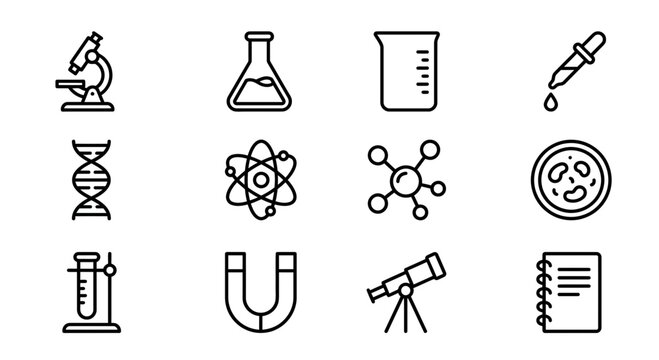 Science Icons Set: Microscope, DNA, Beaker, Pipette, Atom, Chemistry, Biology, Physics