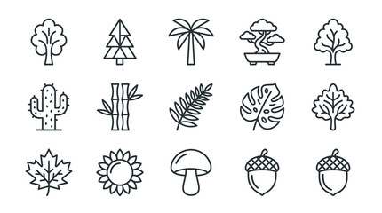 Nature Icon Set: Trees, Plants, Flowers, Mushroom, Acorn, Cactus, Bamboo, Bonsai © Jiny