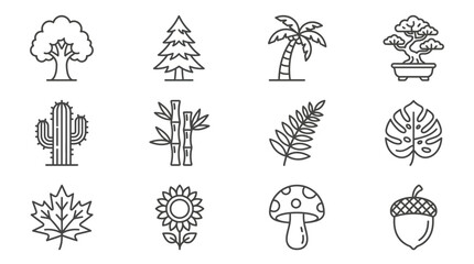 Set of Nature Icons: Trees, Plants, Flower, Mushroom, Acorn, Leaf, Cactus © Jiny