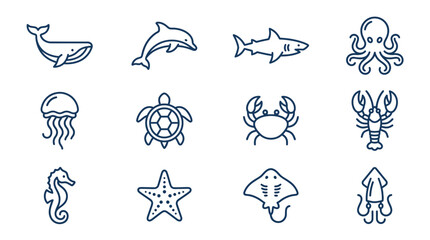 Collection of Marine Life Icons: Whale, Dolphin, Shark, Octopus, Jellyfish, Turtle, Crab © Jiny