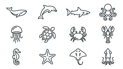 Ocean Life Icons: Whale, Dolphin, Shark, Octopus, Jellyfish, Turtle, Crab, Lobster © Jiny