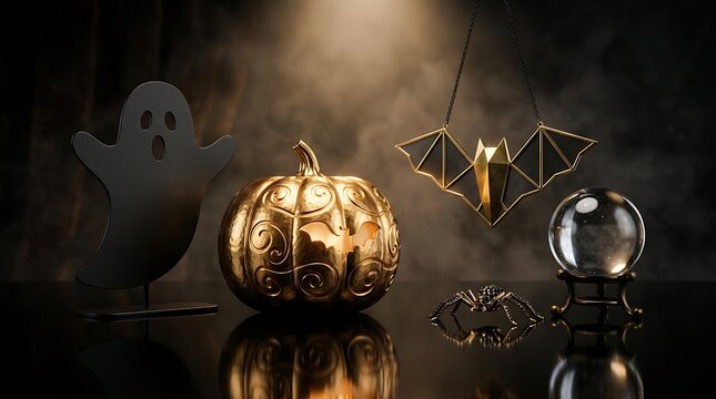 Elegant halloween decorations with golden pumpkin and bat