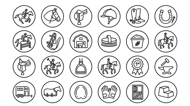 Collection of circular icons depicting various hobbies and everyday activities in monochrome.
