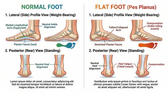 Medical anatomy chart comparing normal foot arch and pes planus flat foot