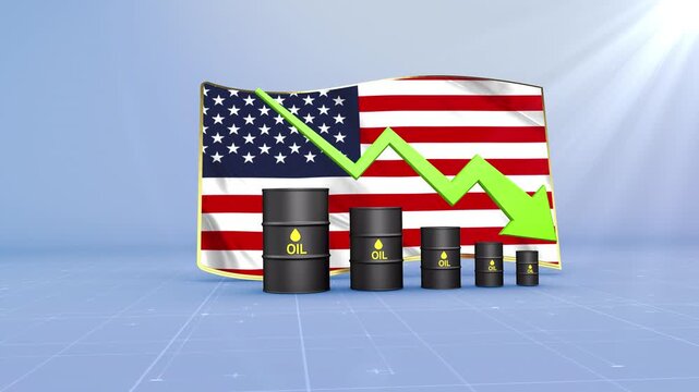 United States Oil Price Falling with Oil Barrels Downward Green Arrow and 3D Financial Data Visualization Graphs for Economy and Business Concept