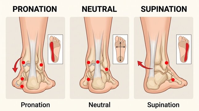 Medical diagram comparing foot pronation neutral and supination gait patterns