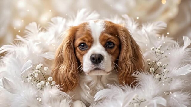 Cavalier king charles spaniel lying in white feathers and flowers. Portrait of small dog looking at camera. Animal pet care and beautiful grooming concept.