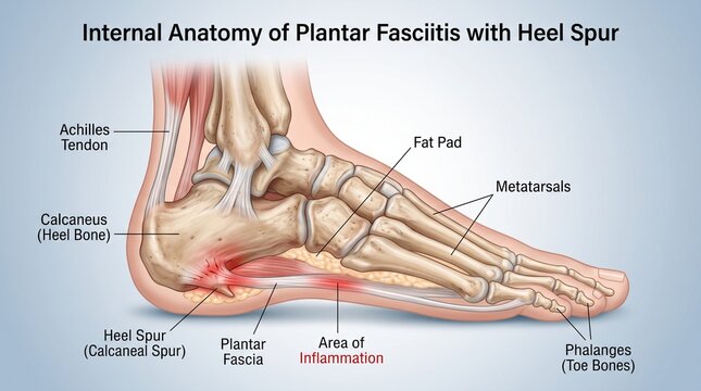 Internal foot anatomy diagram showing plantar fasciitis and heel spur