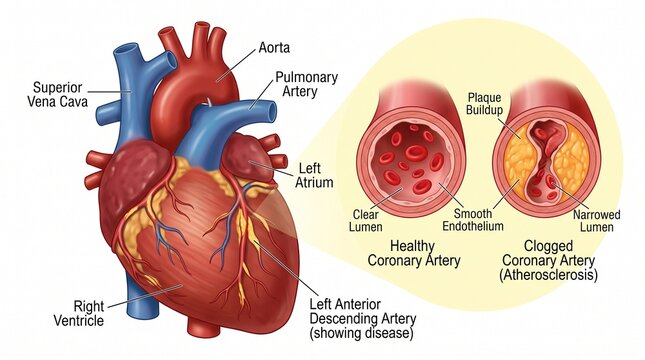 Human heart anatomy showing healthy and clogged coronary artery illustration