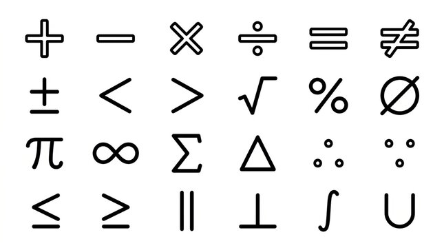 Collection of Common Mathematical and Scientific Symbols on White Background.