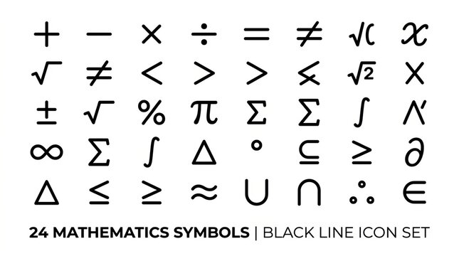 Collection of Black Line Mathematics Symbols and Notations on White Background.