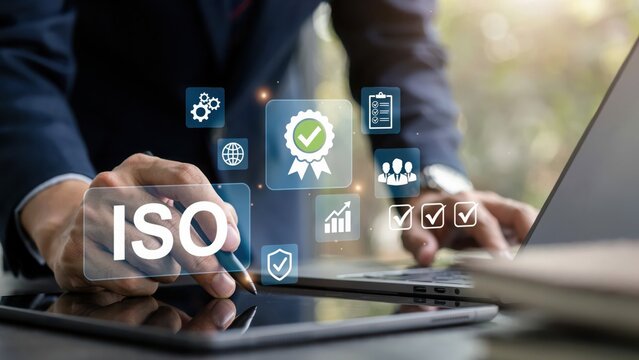 Person using tablet with digital iso certification and quality standard icons