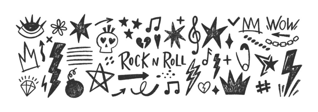 Punk rock doodle stickers with lightning bolts, hand-drawn fire flames, and edgy rock music icons. Doodle black vector illustration for collage design.