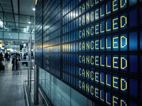 Multiple cancelled flight announcements displayed on a large airport departure board with blurred passengers waiting in the background
