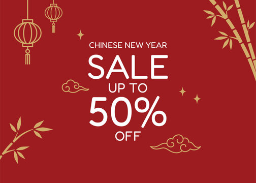 Chinese New Year Sale Banner. Gold lanterns, bamboo and clouds on red background