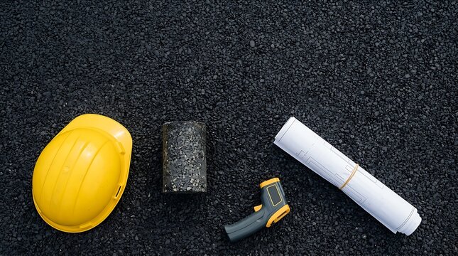 Construction Tools and Blueprint on Fresh Asphalt Surface