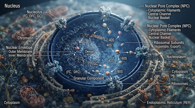 Nuclear transport diagram showing ribosomal subunit assembly