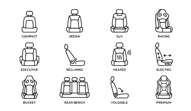Modern Automotive Car Seat Dark Blue Outline Icon Collection Vector Set