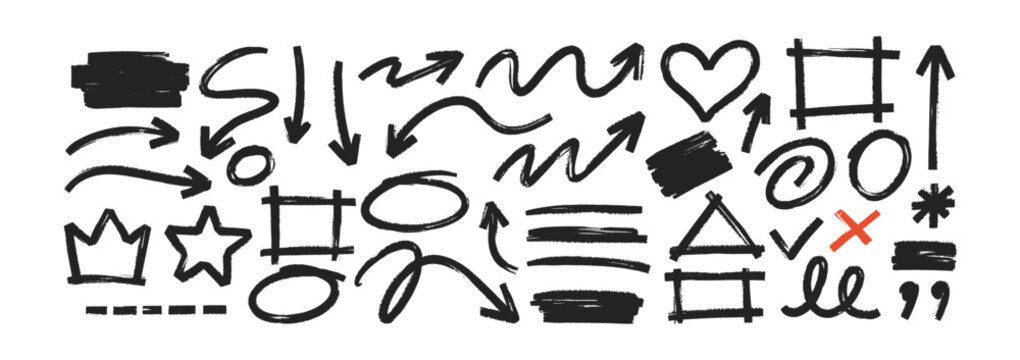 Hand-drawn marker circles and arrows create emphasis on whiteboard backgrounds with bold highlight strokes and doodle shapes for text markers. Vector illustration.