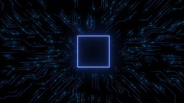 Electronic processor circuit visual with blue glowing pathways, dark board texture, and central chip frame. Perfect for hardware videos, AI intros, tech promos, and digital overlays.