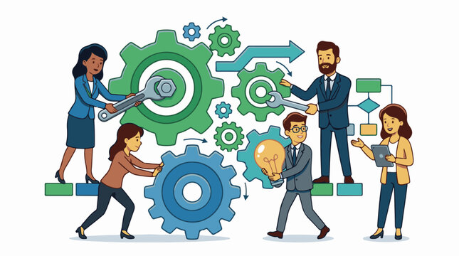 Diverse team collaborating on a complex project with gears and a flowchart