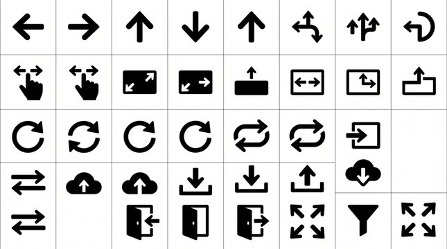 Modern vector collection of directional arrows, navigation symbols, curved arrows, circular arrows, and movement icons for interface and graphic design.