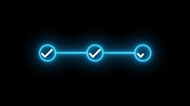 Animated Checklist Process. Three Step Progress Bar with Checkmark Icons on Black Background for Business Presentation, Project Milestone,.