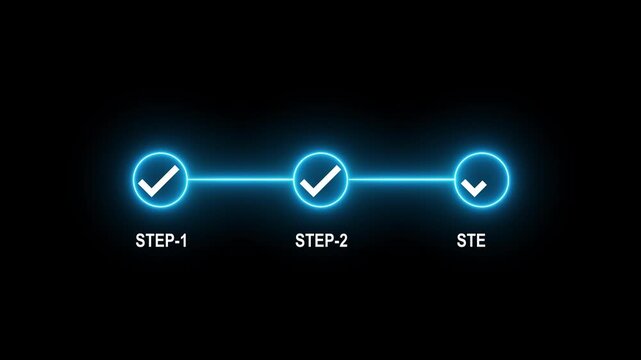 Neon 3 step infographic process with check mark icon. infographic step by step process icon animation on black background, step process success with check marks. Step-by-Step Guide Business Steps.