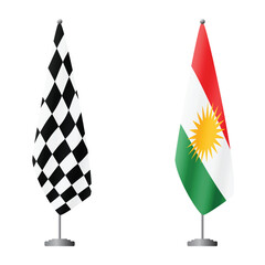 Obraz premium Checkered and Kurdistan flags on flagpoles for official ceremonies and meetings, transparent background vector
