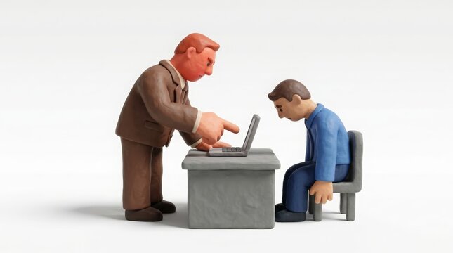 Business - Angry Boss Pointing at Laptop Screen While Stressed Employee Sits at Desk in Clay Style