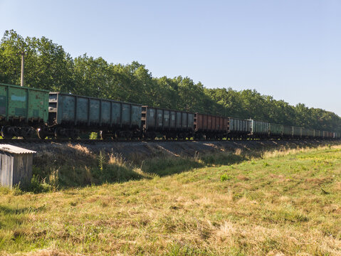 Cargo train wagons on railway tracks near green trees