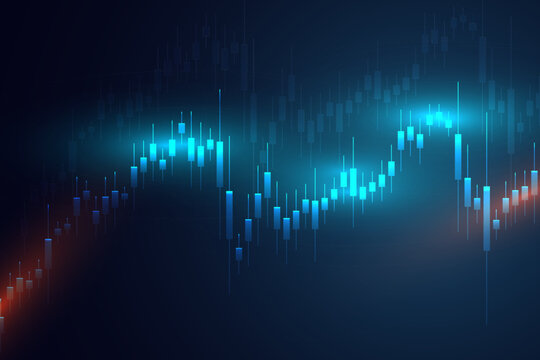 Professional financial market illustration featuring glowing blue candlestick charts on a dark digital background with abstract price movement and market trends. Ideal for stock market analysis, forex