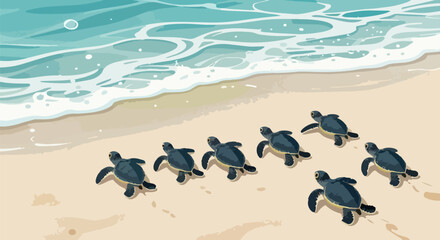 Obraz premium Baby sea turtles crawling to ocean, group of hatchlings on sandy beach vector, marine life conservation and wildlife migration illustration