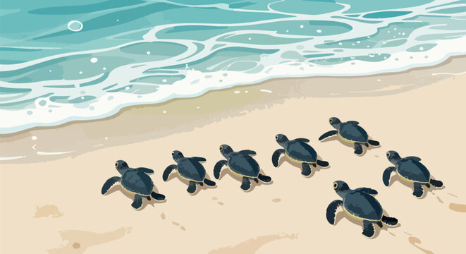 Baby sea turtles crawling to ocean, group of hatchlings on sandy beach vector, marine life conservation and wildlife migration illustration