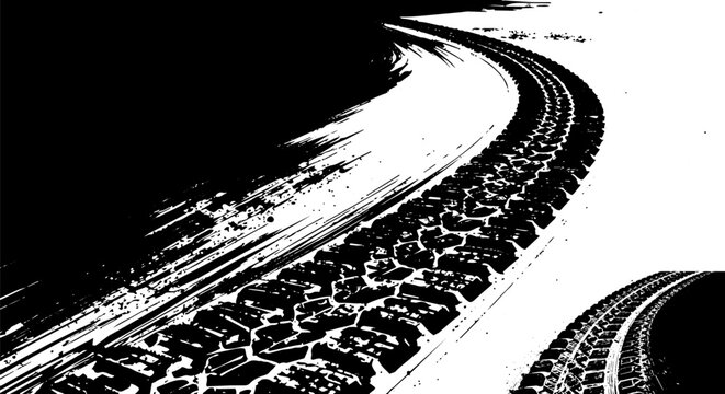 Grunge tire track vector illustration, black ink tire tread marks on white background, automotive racing texture, off-road vehicle tire print
