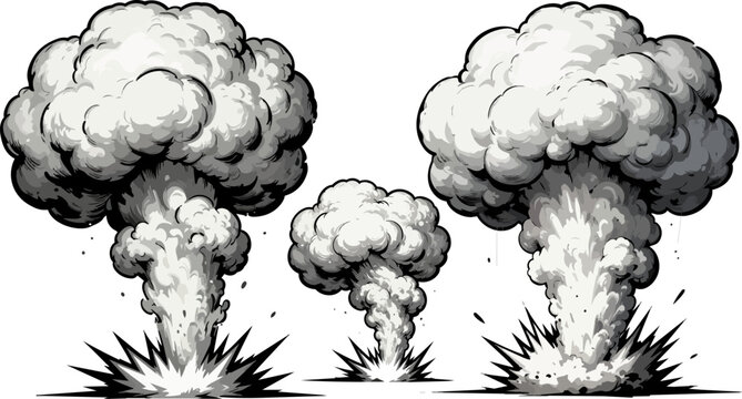 Comic style explosion smoke clouds, vintage mushroom cloud blast vector set, black and white nuclear explosion effects for graphic design