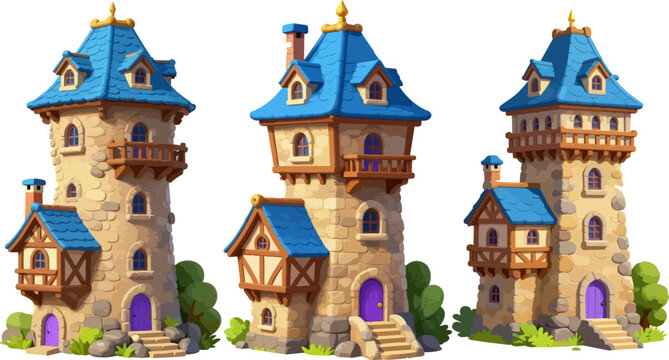 Medieval fantasy tower set, 3 cartoon stone castle buildings with blue roofs, magical fairytale architecture for game design and storytelling
