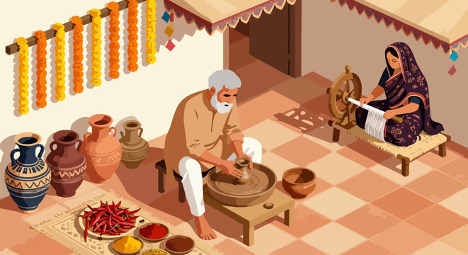 Traditional Indian village scene with potter making clay pots, woman spinning yarn on charkha wheel, rural artisan lifestyle vector illustration