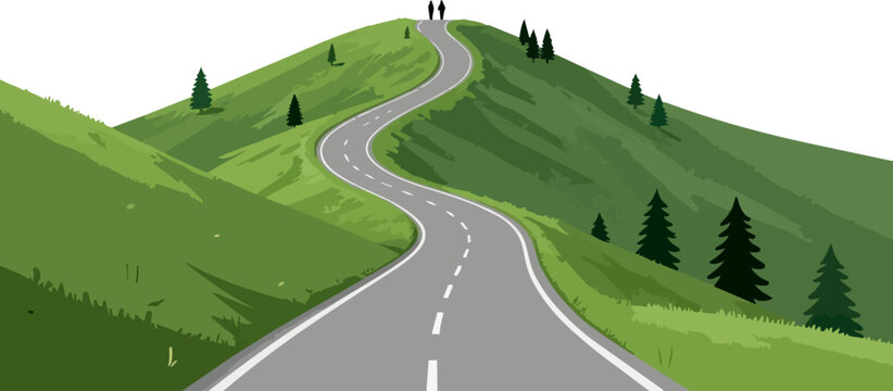 Winding mountain road vector illustration, asphalt highway curving through green hills, scenic path to success and journey concept
