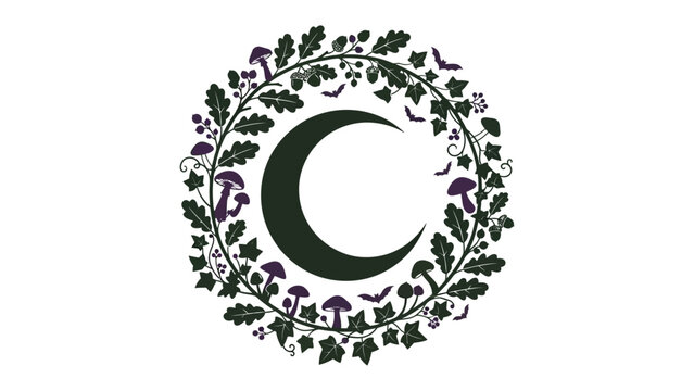 Crescent Moon Emblem: A stylized crescent moon is encircled by a wreath of oak leaves, mushrooms, and small bats, evoking a sense of mystery and nature's cycles.
