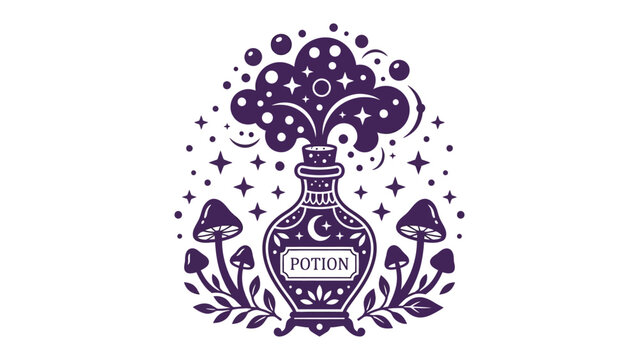 Mystical Potion Bottle Illustration: An ornate bottle labeled POTION bubbles with magical essence amidst a whimsical display of stars, celestial motifs, and mystical mushrooms.
