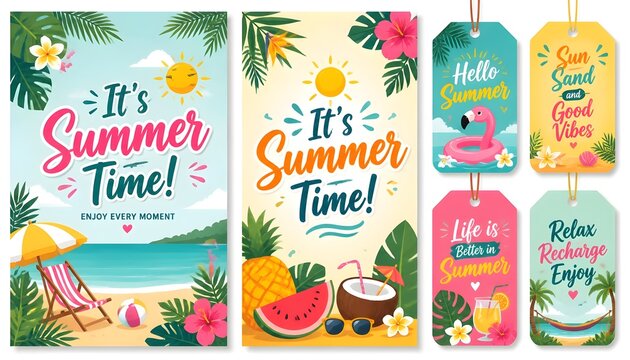 Summer time vector poster set design. It's summer time text tropical holiday seasonal tags collection. Vector illustration greeting card banner background. Illustration 