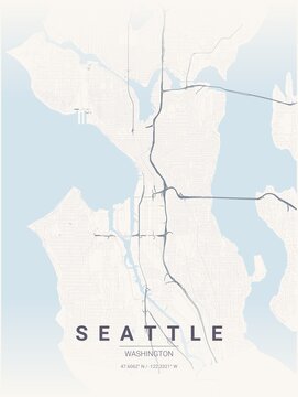 Modern Seattle City Map Poster Design, Pastel Dream Style Urban Street Grid Cartography