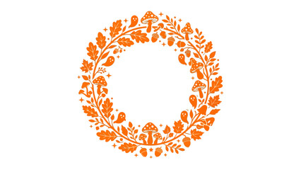Autumn Wreath Illustration: A circular wreath adorned with acorns, oak leaves, and mushrooms in a warm orange hue, evoking the spirit of fall. © Hossain
